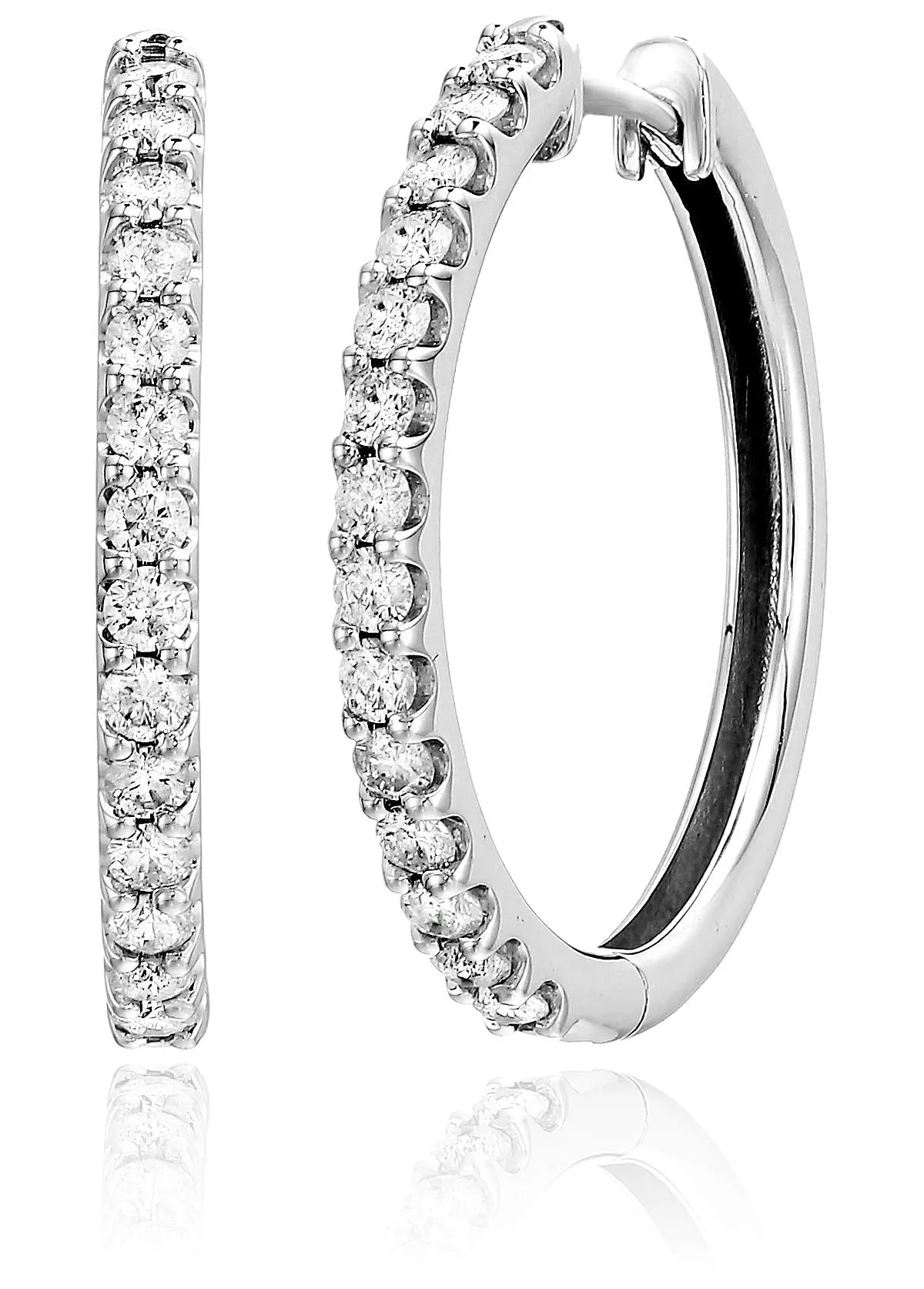 1 cttw Diamond Hoop Earrings 10K White Gold Round Prong Set 1 Inch