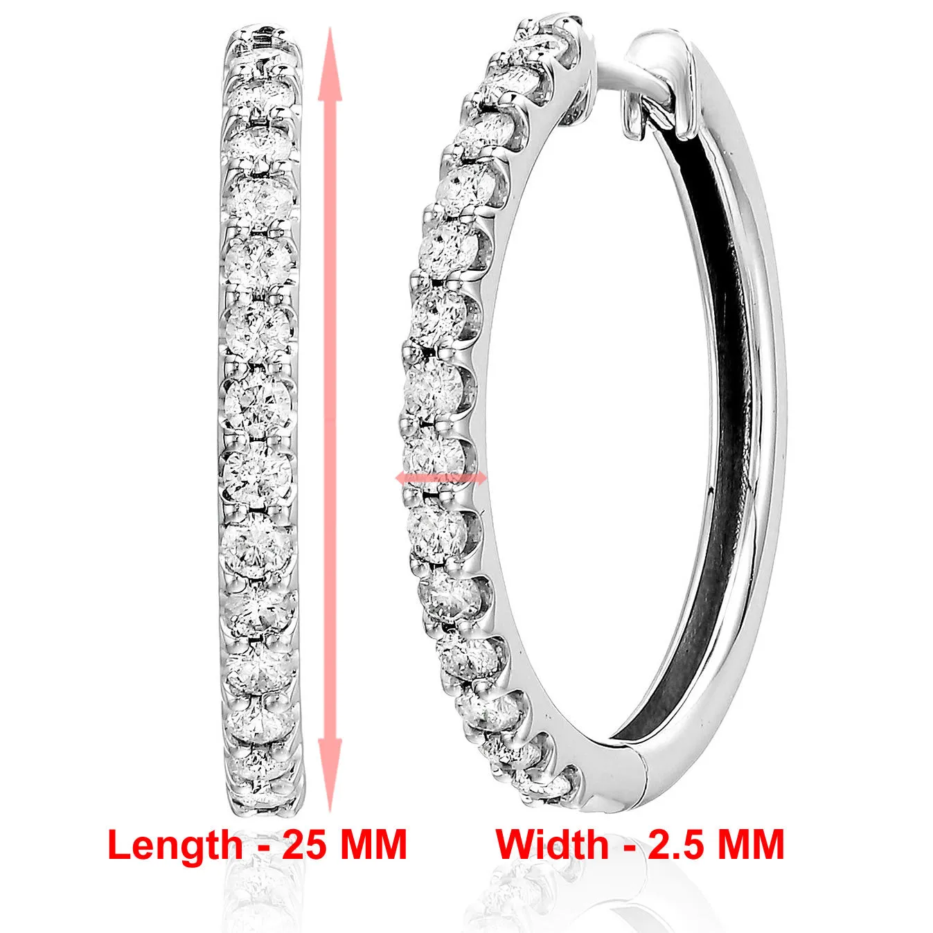 1 cttw Diamond Hoop Earrings 10K White Gold Round Prong Set 1 Inch