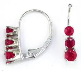 1.0CT AAA RUBY 14KT WHITE GOLD CLASSIC 3 STONE ROUND JOURNEY LEVERBACK EARRINGS