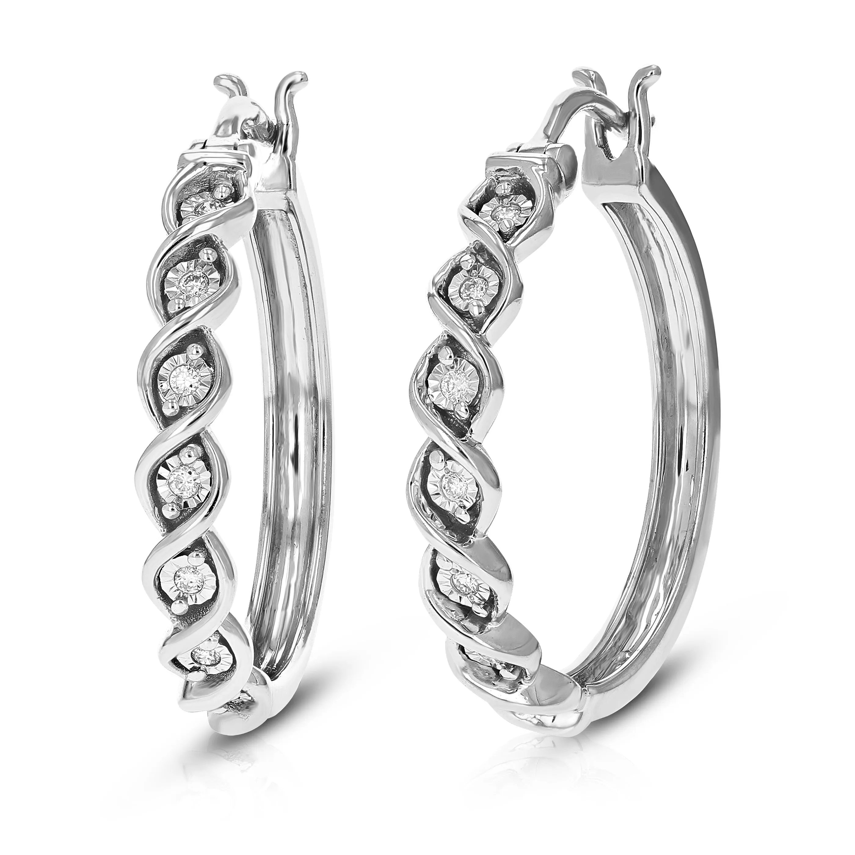 1/10 cttw Round Cut Lab Grown Diamond .925 Sterling Silver Hoop Earrings Prong Set 1 Inch