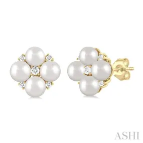 1/10 ctw Floral 4X4 MM Cultured Pearls and Round Cut Diamond Fashion Stud Earring in 10K Yellow Gold