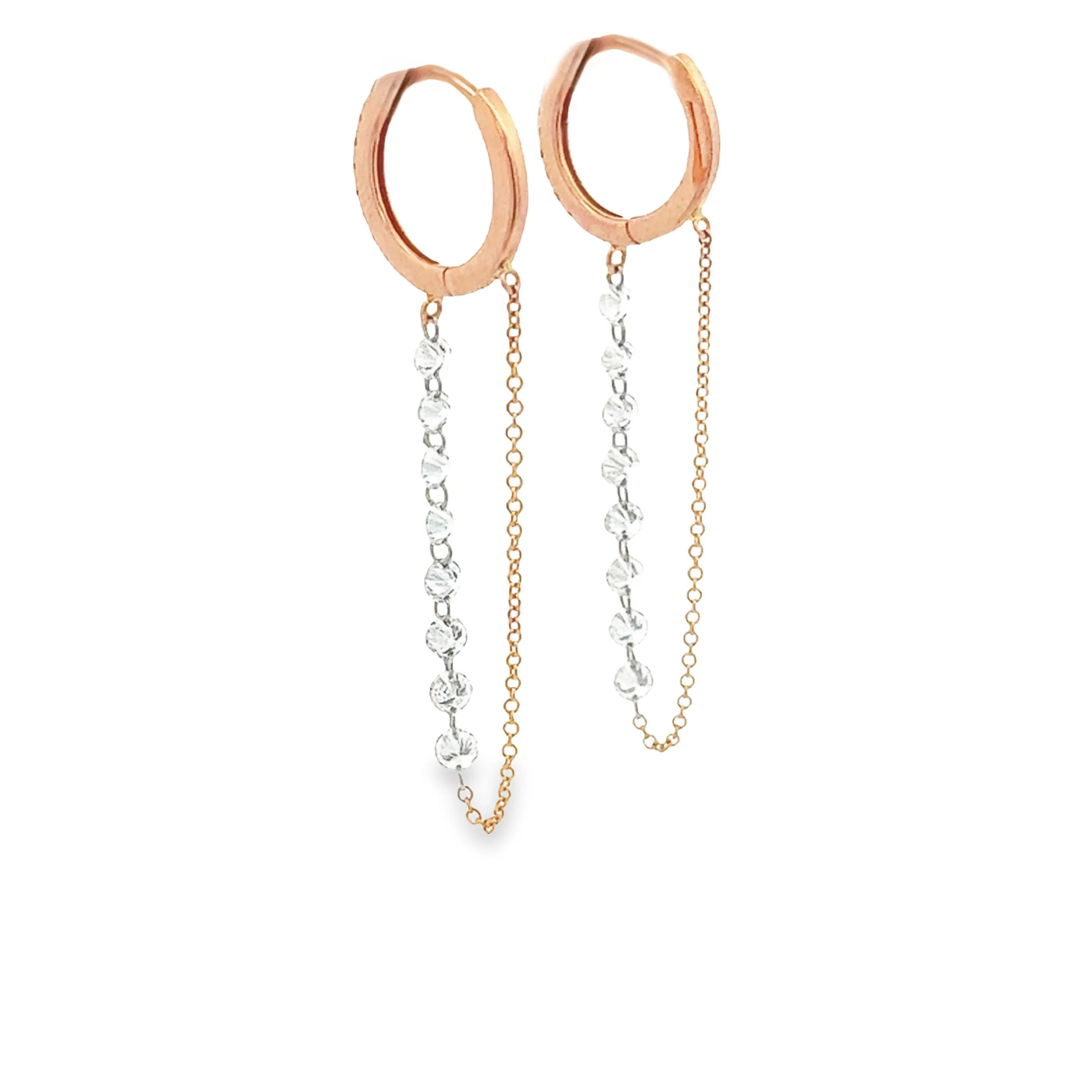 1.20ct 14k Rose Gold Diamond Huggy Earrings With Diamond Chain