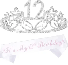 12th Birthday Gifts for Girl, 12th Birthday Tiara and Sash Silver, Happy 12th Birthday