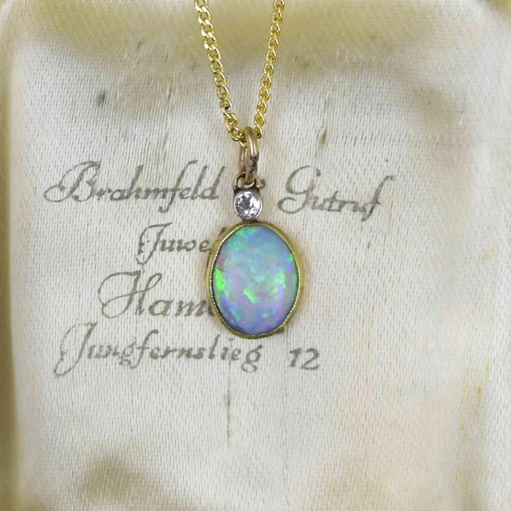 14K Gold Antique Opal Diamond Charm Pendant Necklace