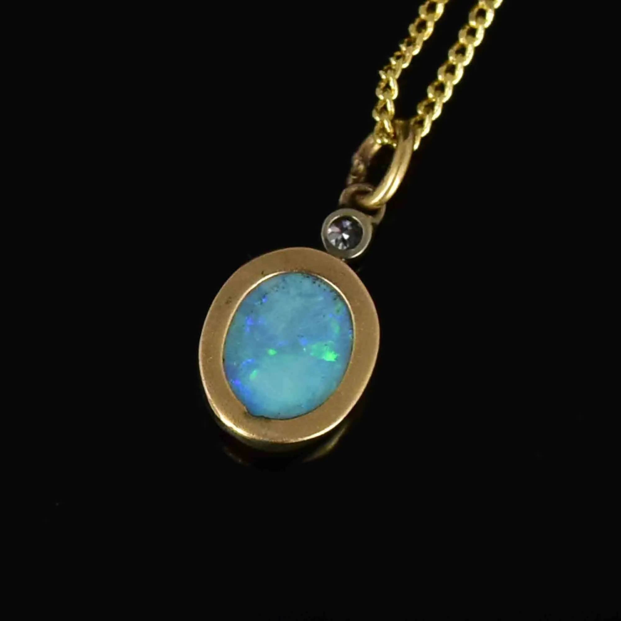 14K Gold Antique Opal Diamond Charm Pendant Necklace