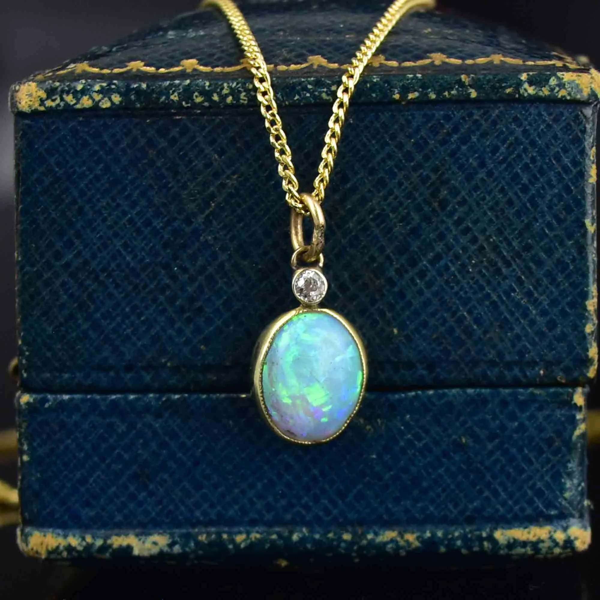 14K Gold Antique Opal Diamond Charm Pendant Necklace