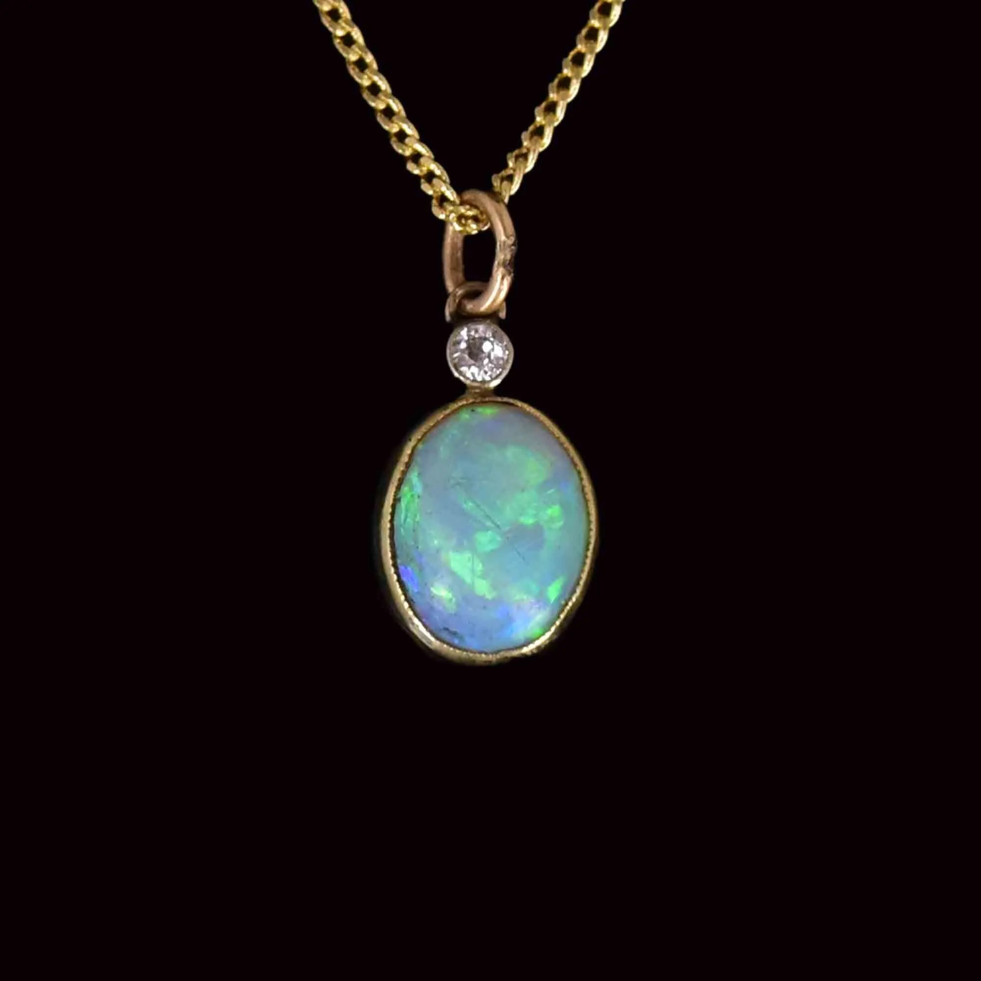 14K Gold Antique Opal Diamond Charm Pendant Necklace