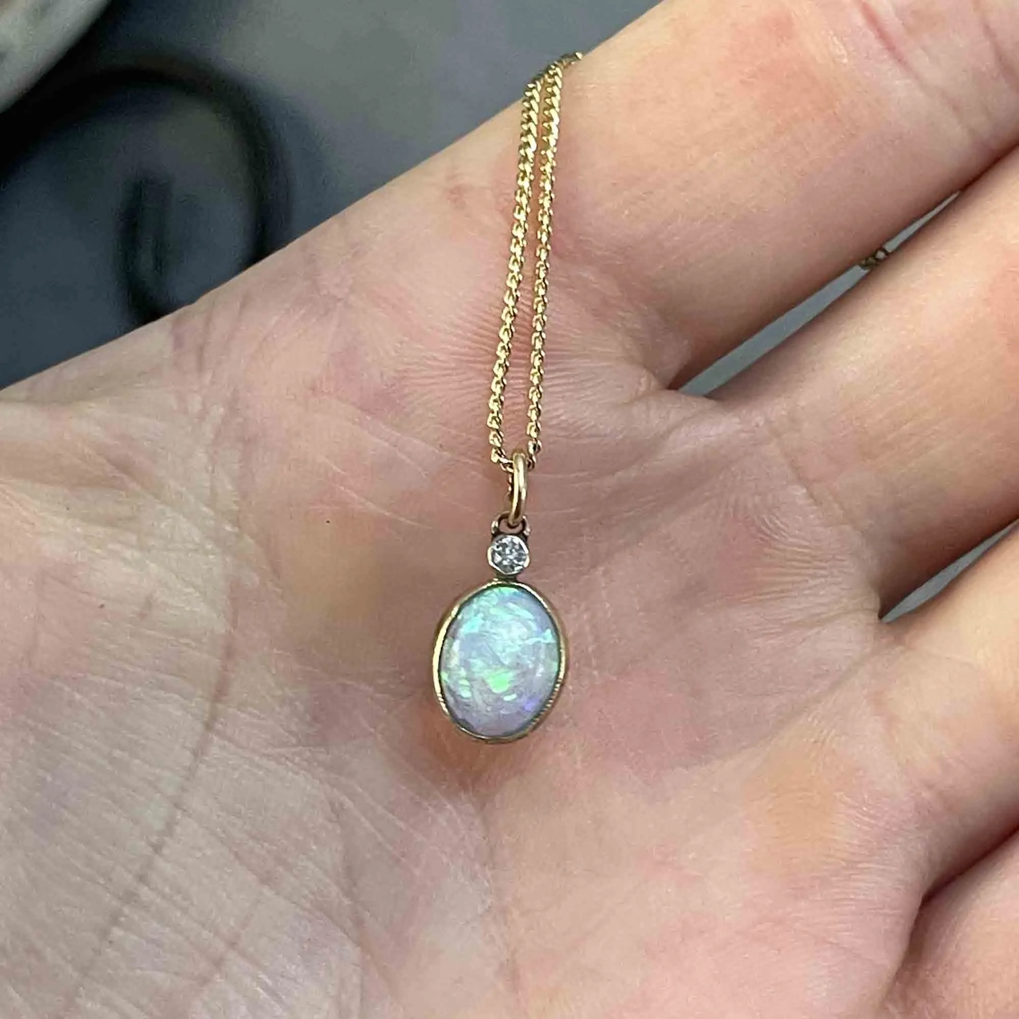 14K Gold Antique Opal Diamond Charm Pendant Necklace