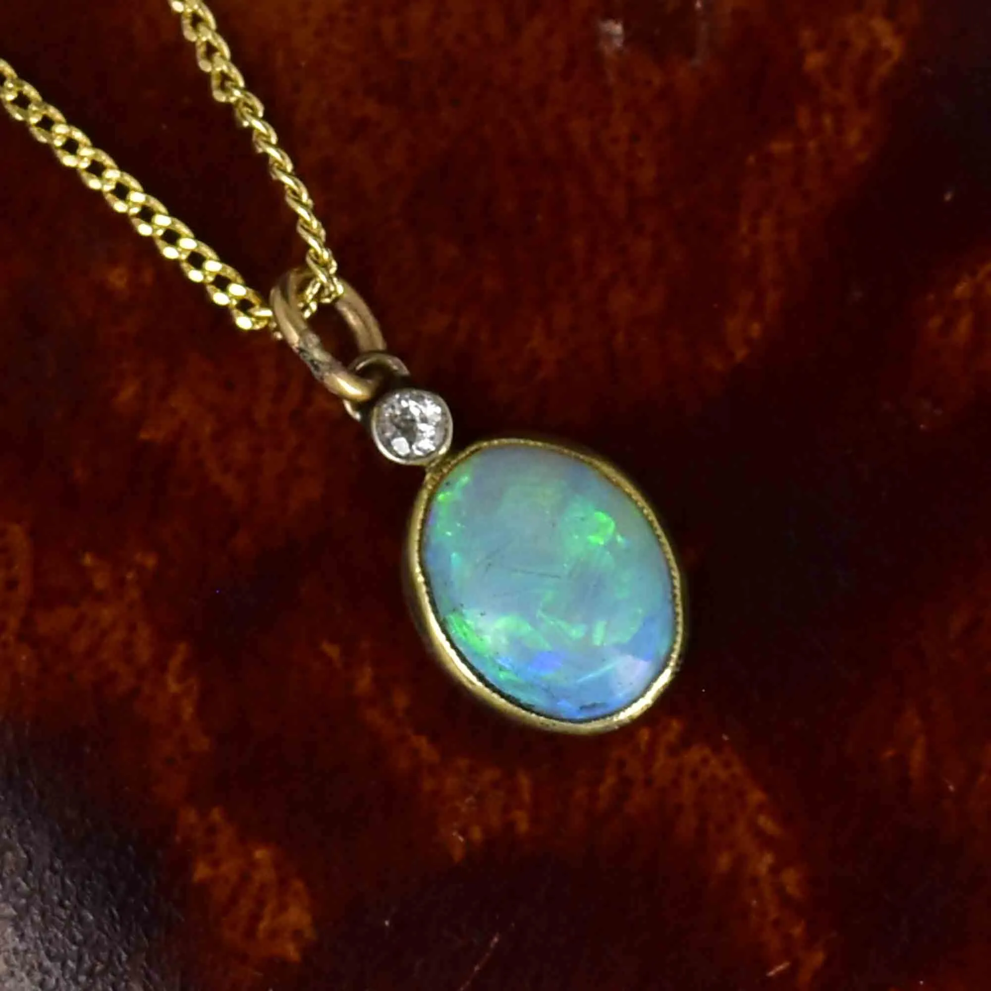 14K Gold Antique Opal Diamond Charm Pendant Necklace