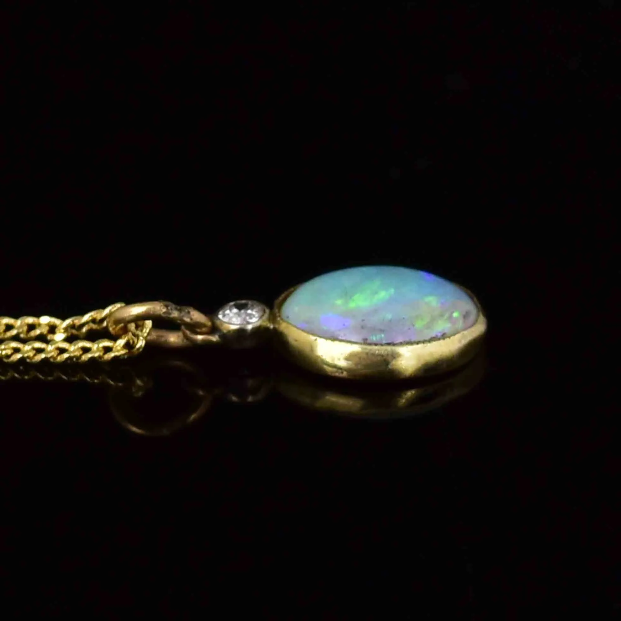 14K Gold Antique Opal Diamond Charm Pendant Necklace