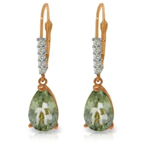 14K Solid Rose Gold Leverback Earrings Diamond & Green Amethyst Gemstone