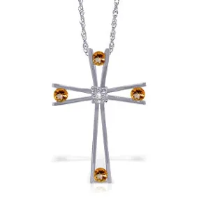 14K Solid White Gold Cross Necklace w/ Natural Diamond & Citrines