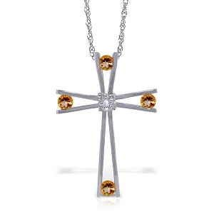 14K Solid White Gold Cross Necklace w/ Natural Diamond & Citrines