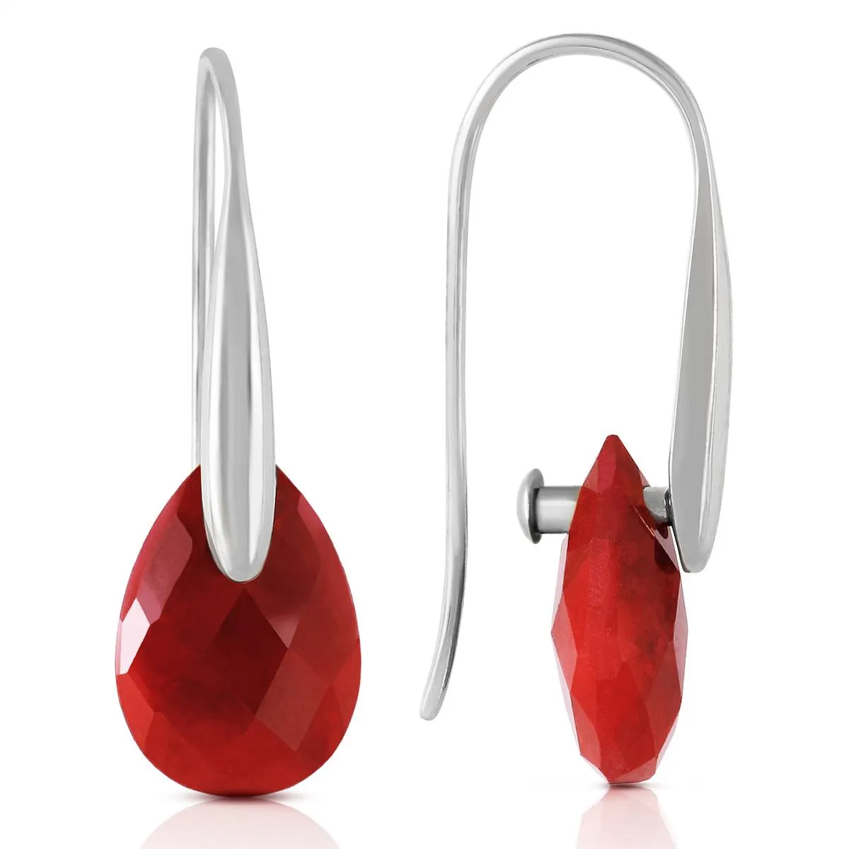 14K Solid White Gold Fish Hook Earrings w/ Dangling Briolette Rubies