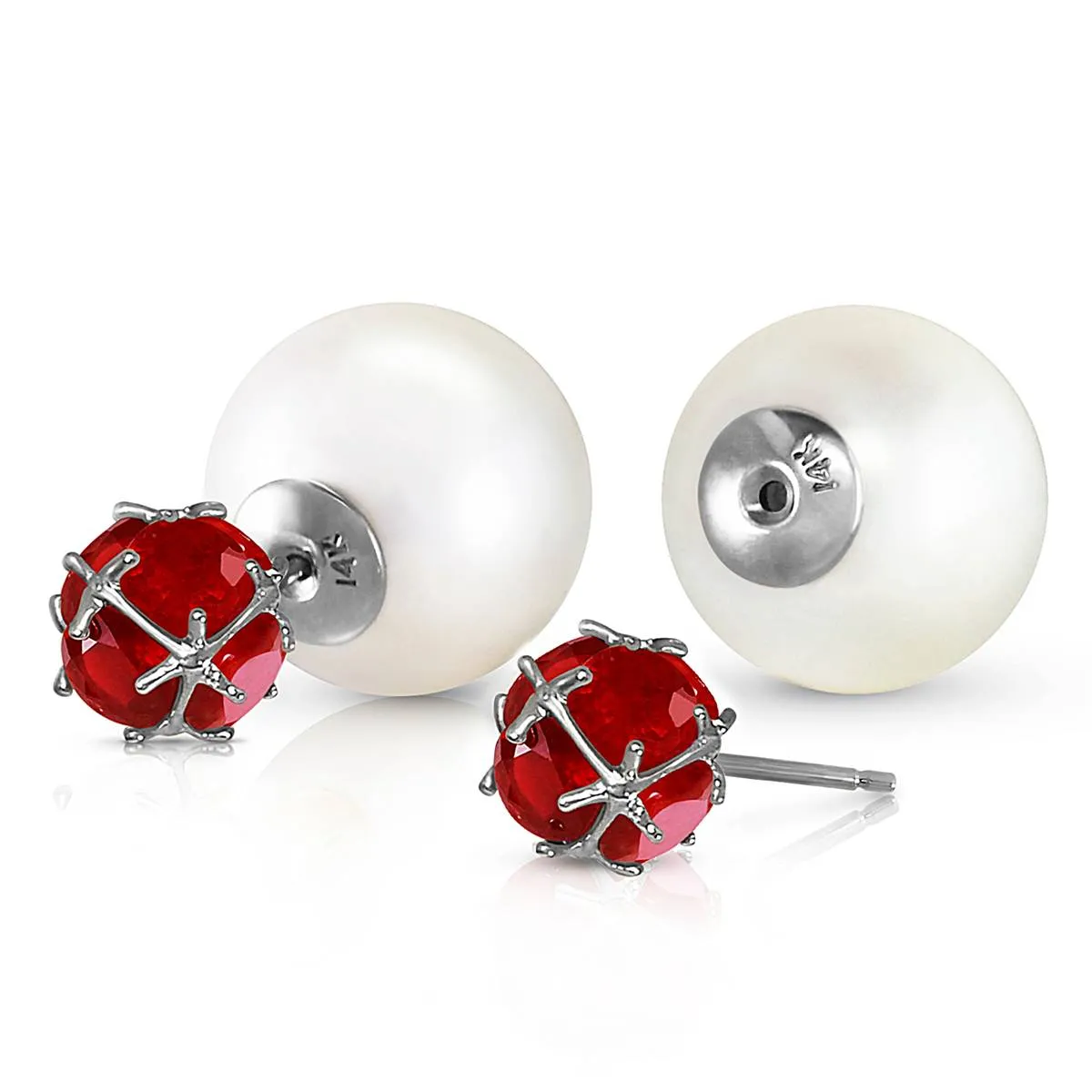 14K Solid White Gold Tribal Double Shell Pearls And Rubies Stud Earrings