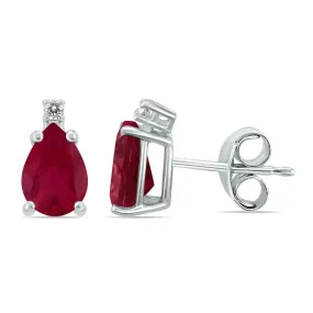 14K White Gold 6X4Mm Pear Ruby And Diamond Earrings