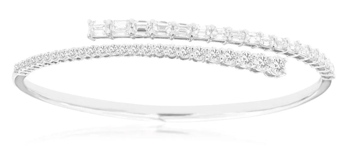 14k white gold hinged bypass round and Baguette diamond hinged bangle