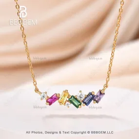 14k Yellow Gold Baguette Cut Rainbow Sapphire Citrine Amethyst Colorful  Pendant Necklace Scatter Bar Fashion Necklace