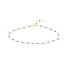 14K Yellow Gold Cobalt Enamel Bead Piatto Chain Anklet