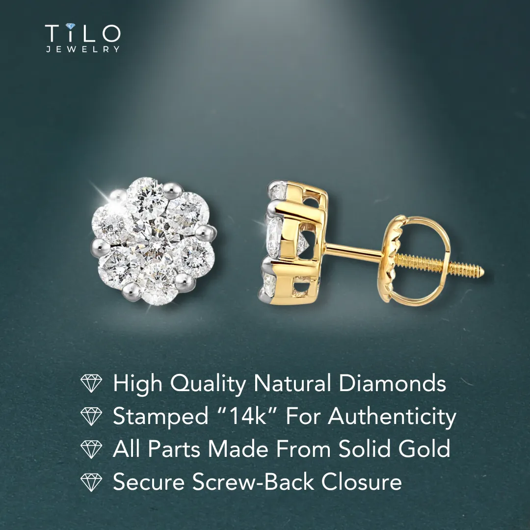 14K Yellow Gold Diamond Cluster Stud Earring with Screw-Back, 0.25ctw, 0.50ctw, 0.75ctw, and 1 Carat Sizes