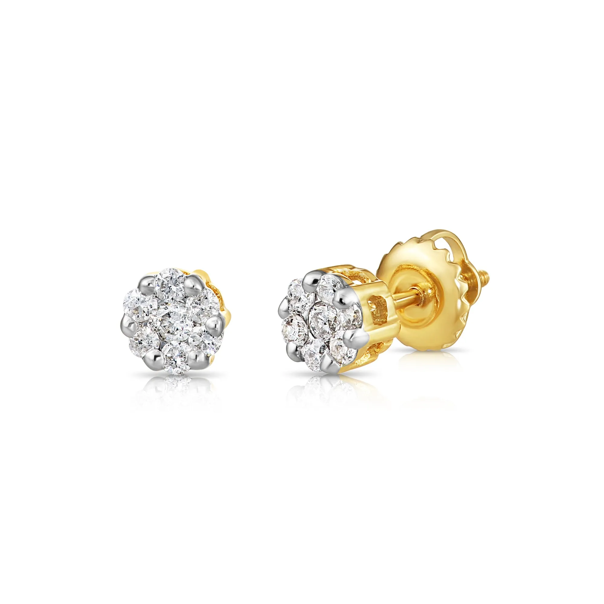 14K Yellow Gold Diamond Cluster Stud Earring with Screw-Back, 0.25ctw, 0.50ctw, 0.75ctw, and 1 Carat Sizes