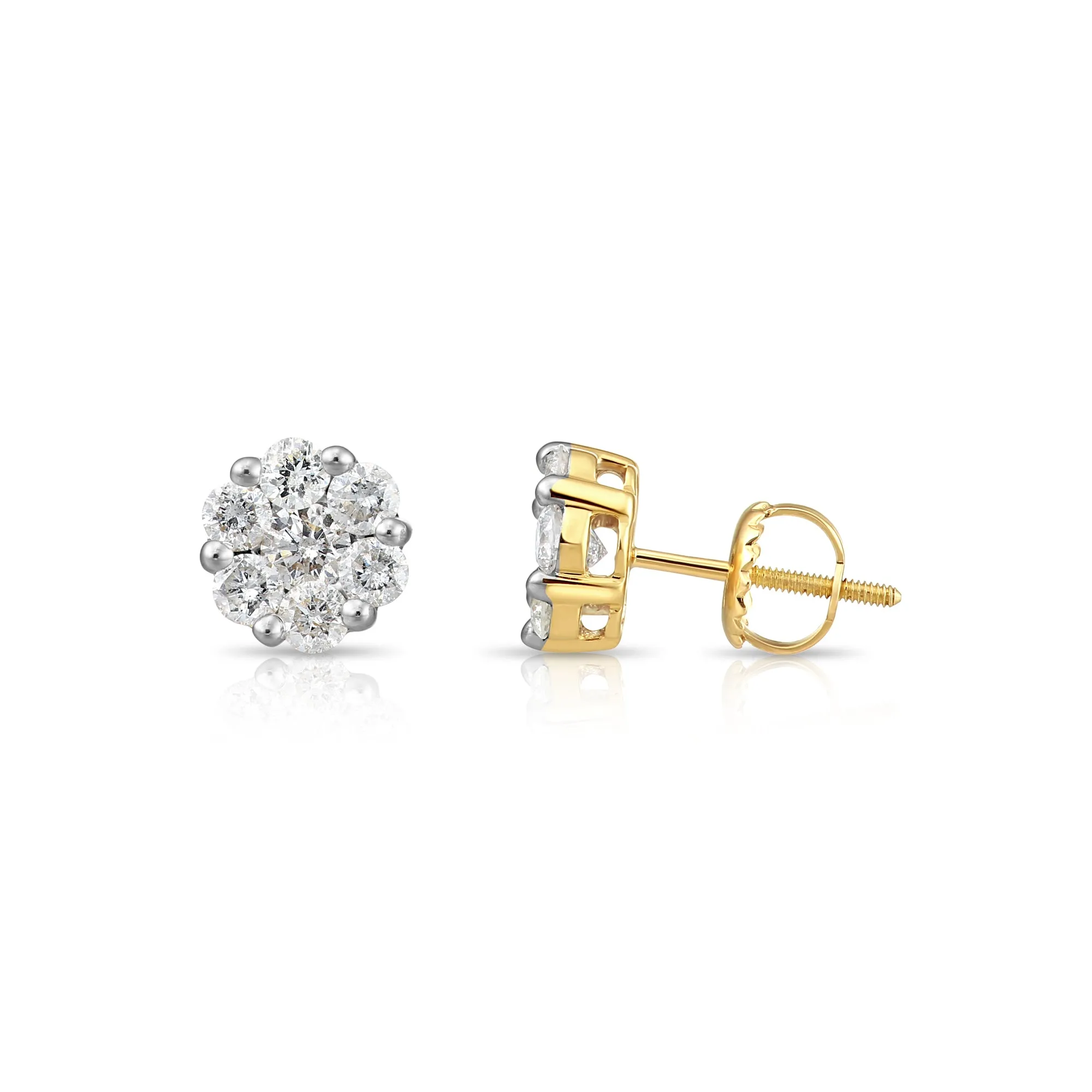 14K Yellow Gold Diamond Cluster Stud Earring with Screw-Back, 0.25ctw, 0.50ctw, 0.75ctw, and 1 Carat Sizes