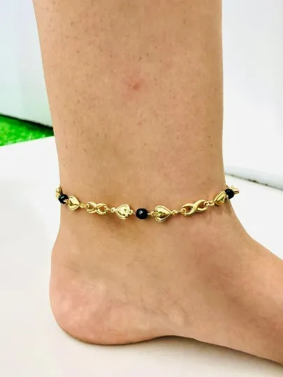 14K Yellow Gold Filled Heart Anklet Bracelet Black Stones 10"/Everyday Anklet Bracelet/Body Jewely/Womens Jewelry/Pulsera de Pie para Mujer