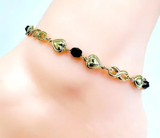 14K Yellow Gold Filled Heart Anklet Bracelet Black Stones 10"/Everyday Anklet Bracelet/Body Jewely/Womens Jewelry/Pulsera de Pie para Mujer