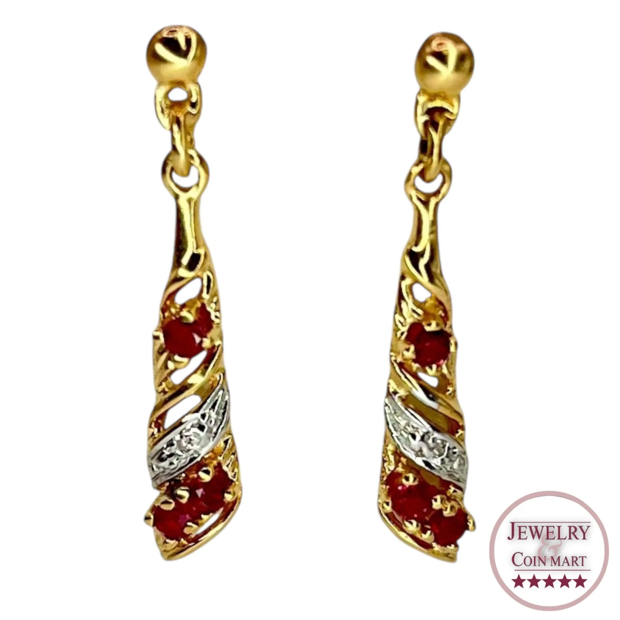 14K Yellow Gold Ruby Diamond Chip Dangle Drop Earrings Formal Statement Colorful