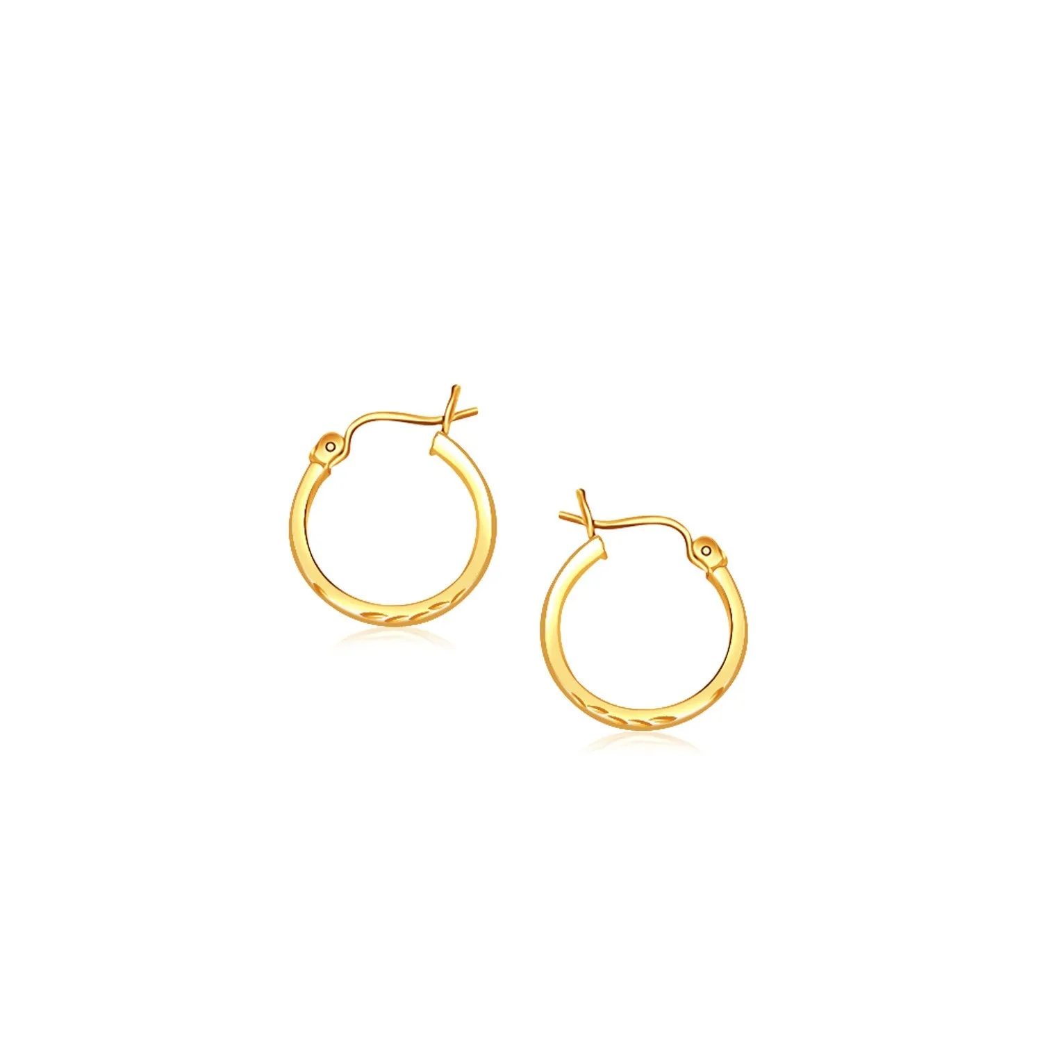 14k Yellow Gold Slender Hoop Earring Diamond-Cut Finish 15mm Diameter