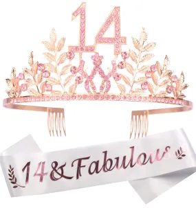 14th Birthday Gifts for Girls, 14th Birthday Tiara and Sash, 14 Fabulous Sash and Crystal