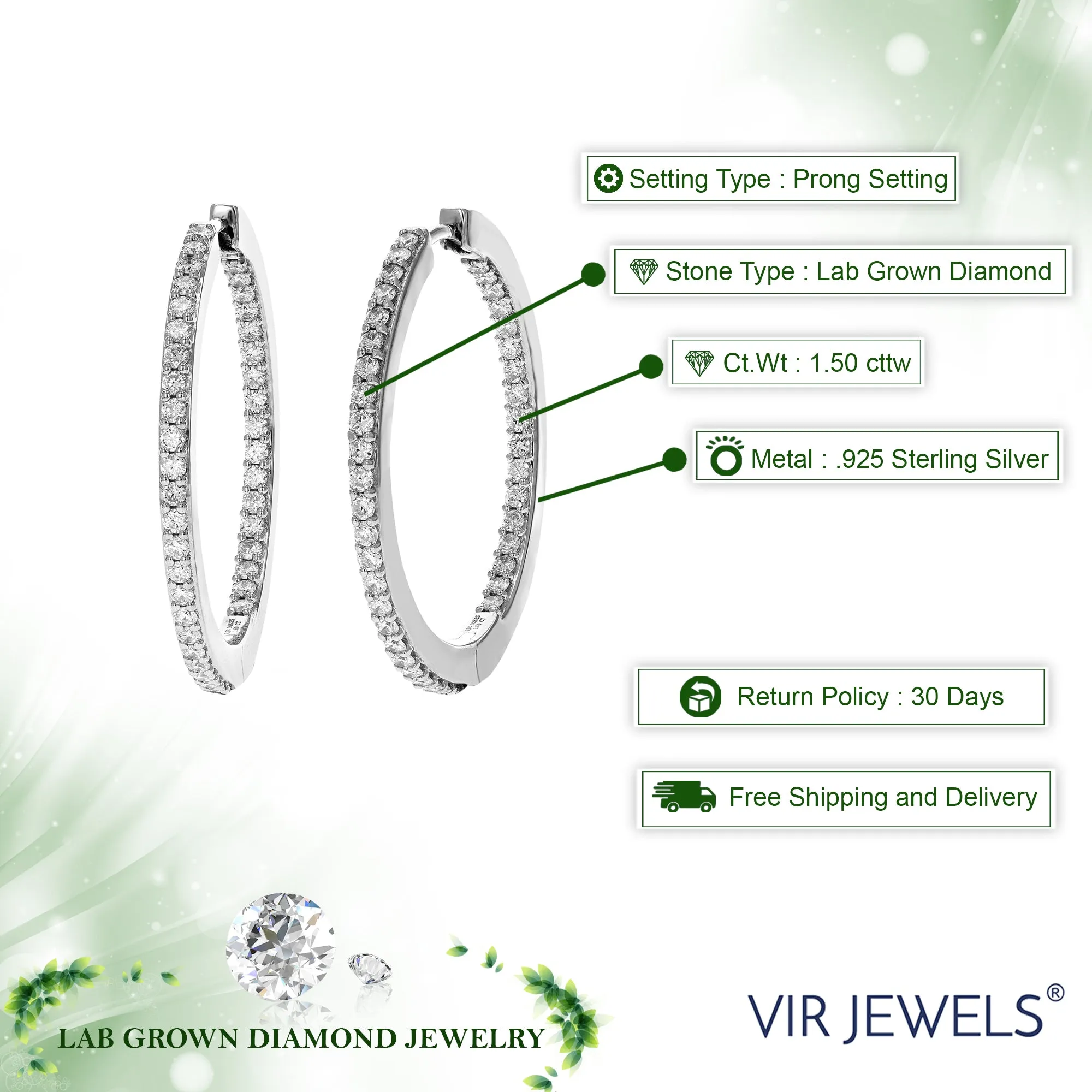 1.50 cttw 82 Stones SI2-I1 Clarity Round Lab Grown Diamond hoop earrings .925 Sterling Silver Prong Set