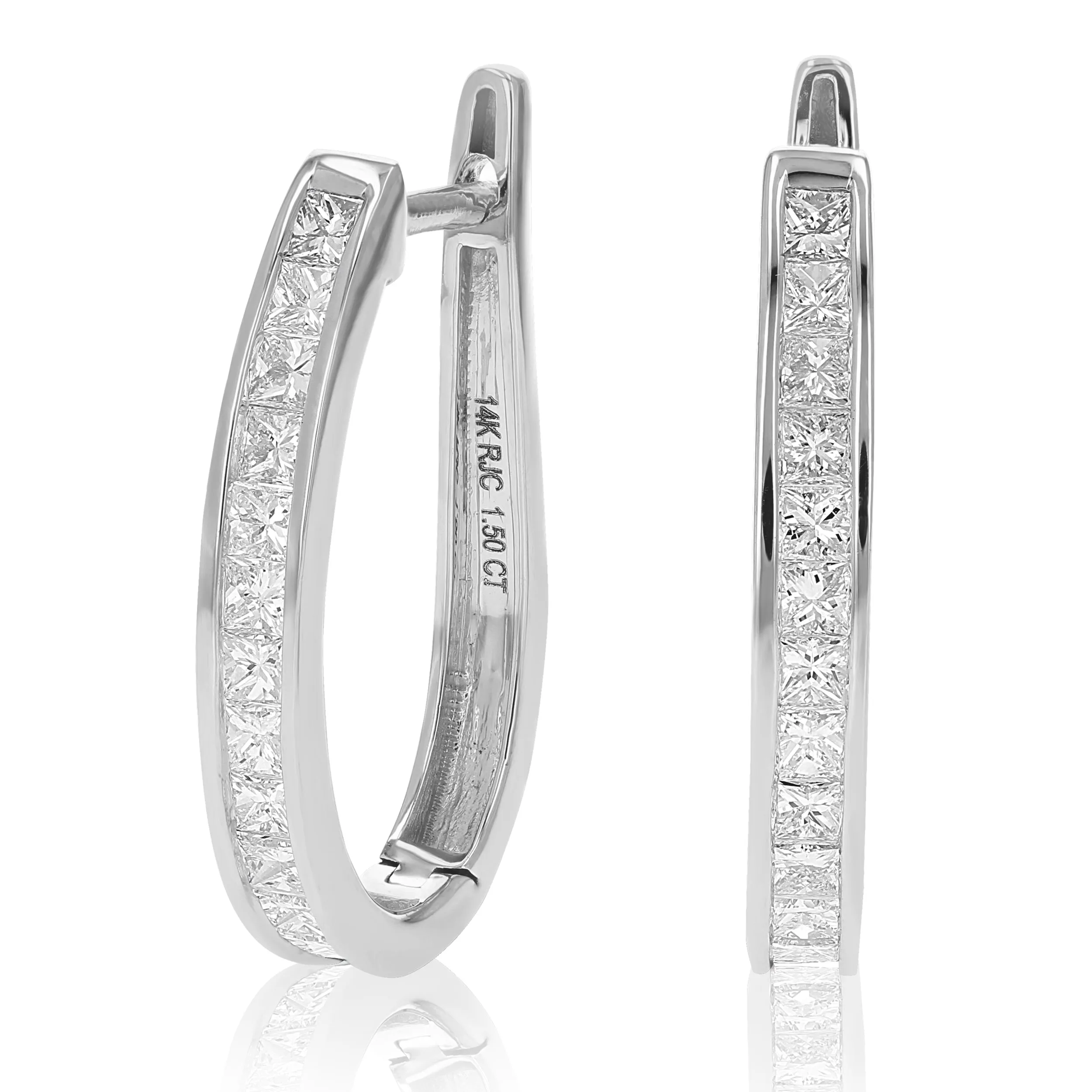 1.50 cttw Princess Cut Diamond Hoop Earrings 14K White Gold Channel Set 1 Inch