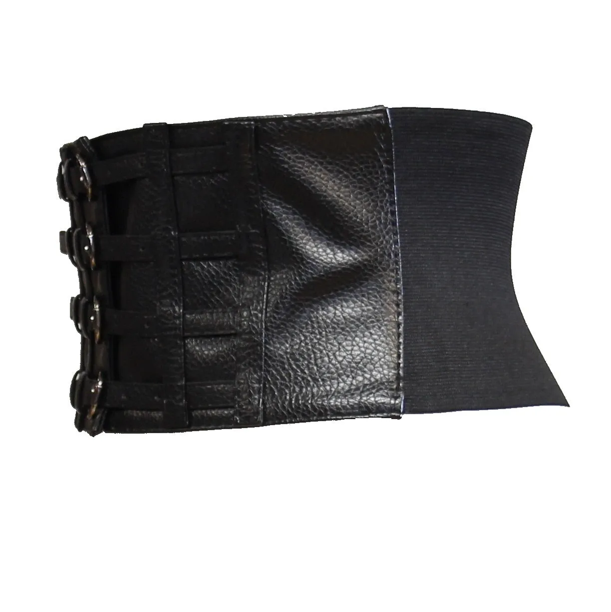 15cm Black Leather Effect Elasticated Waist Belt with 4 Buckles &amp; Press Button Closure