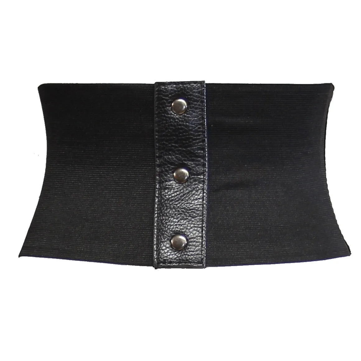 15cm Black Leather Effect Elasticated Waist Belt with 4 Buckles &amp; Press Button Closure