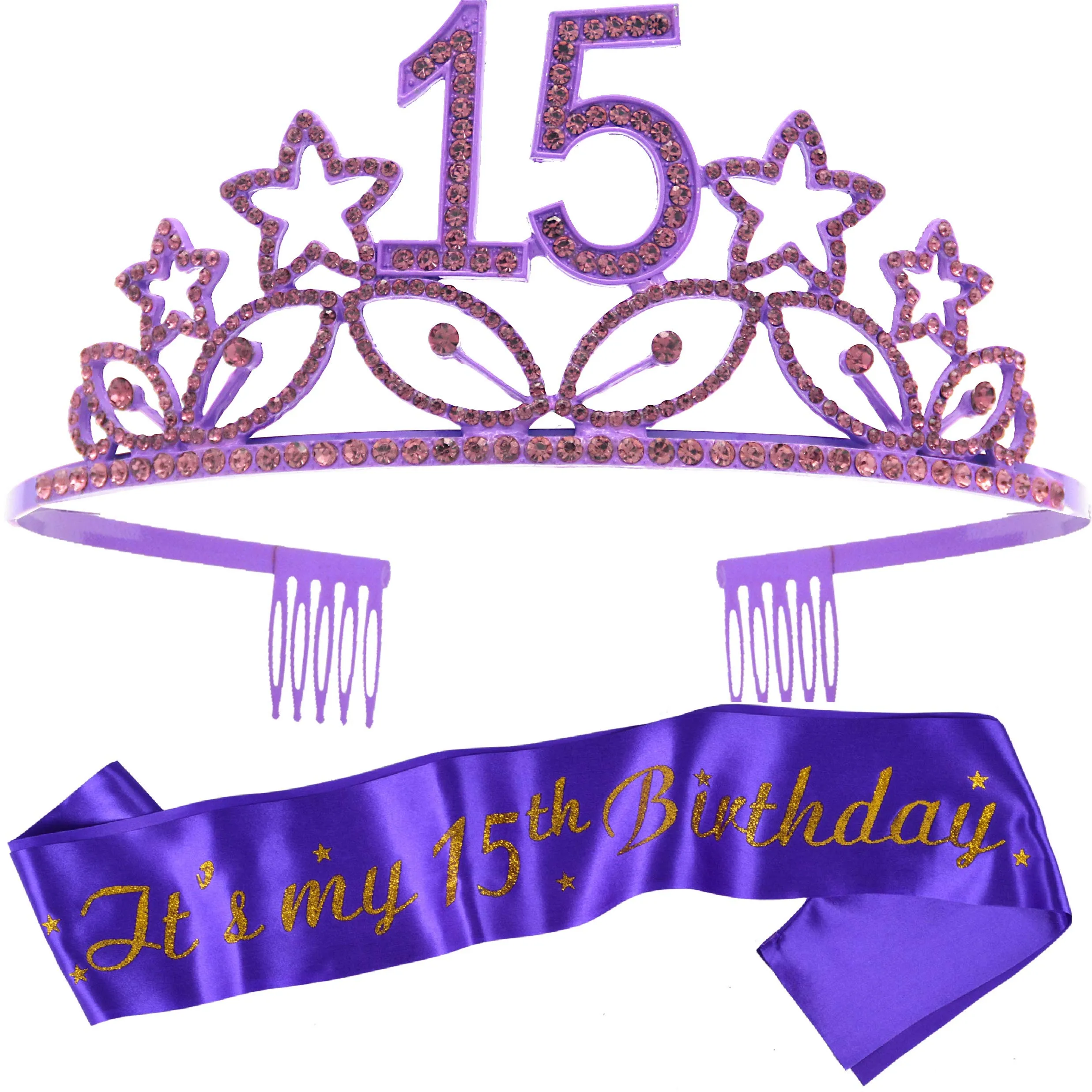 15th Birthday Gifts for Girl, 15th Birthday Tiara and Sash Purple, HAPPY 15th Birthday