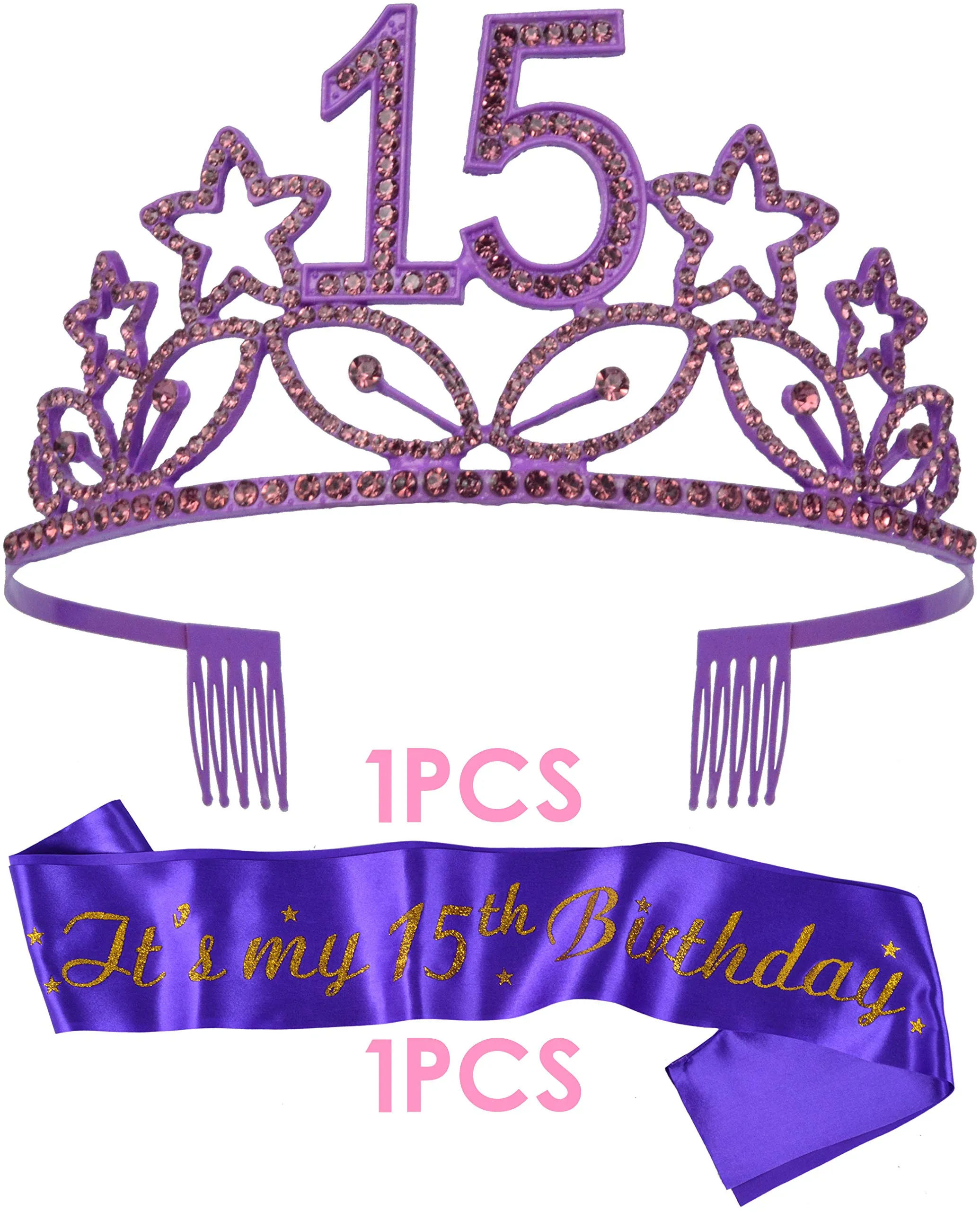 15th Birthday Gifts for Girl, 15th Birthday Tiara and Sash Purple, HAPPY 15th Birthday