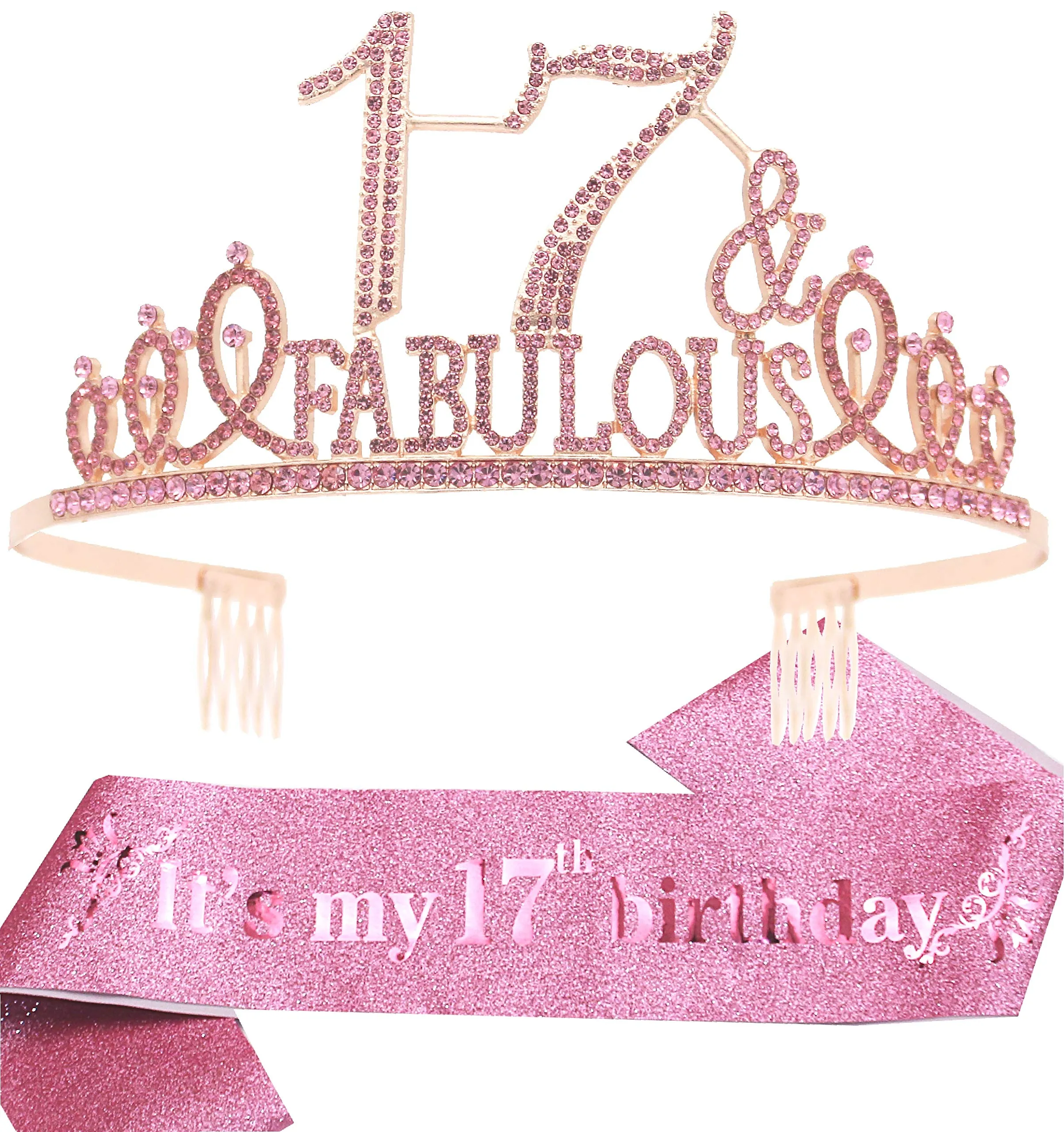 17th Birthday Gifts for Girl,17th Birthday Tiara and Sash Pink,17th Birthday Decorations