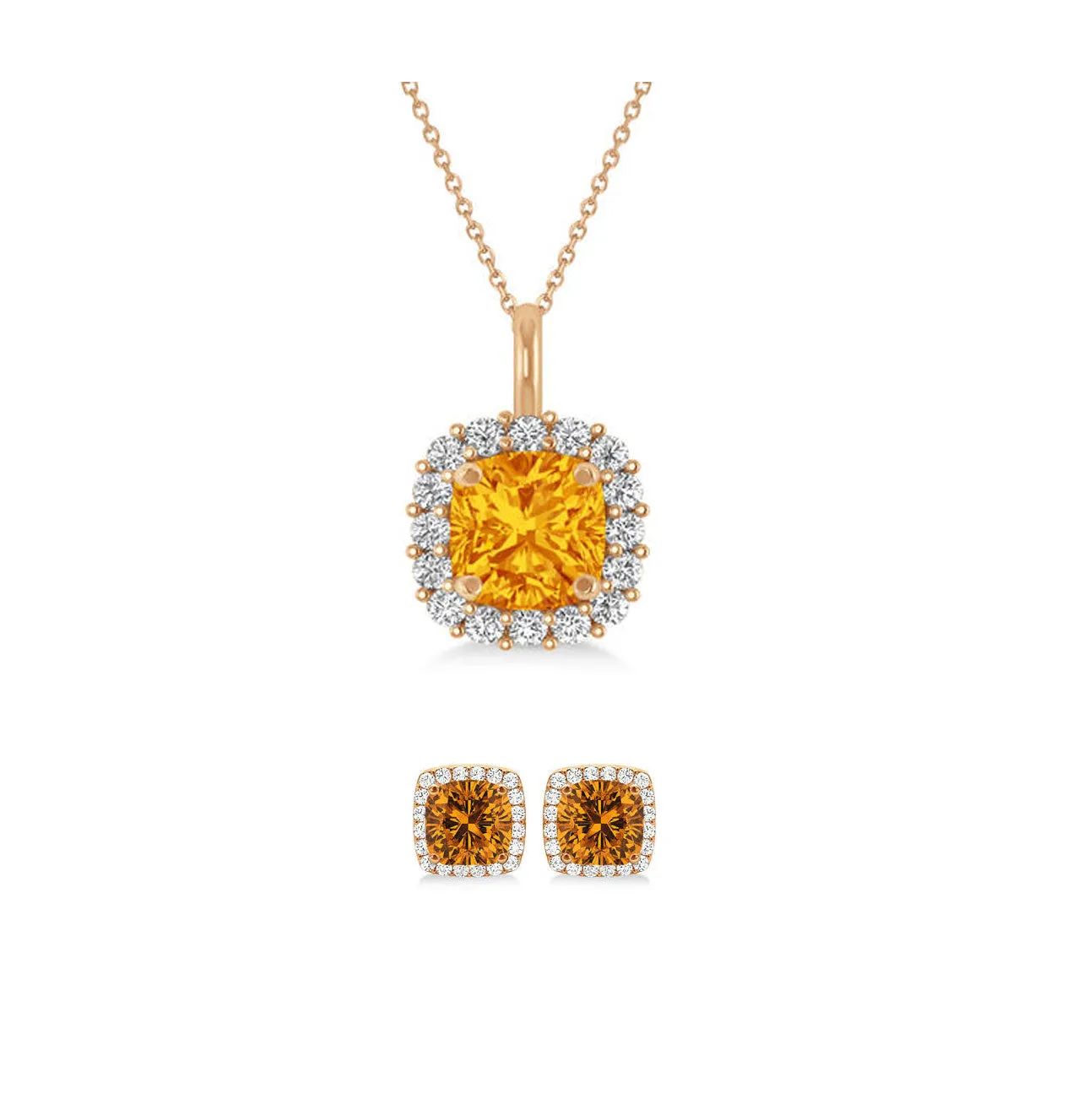 18K Rose Gold 1ct Halo Citrine Square 18 Inch Necklace and Halo Earrings Set Plated