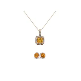 18K Rose Gold 1ct Halo Citrine Square 18 Inch Necklace and Halo Round Earrings Set Plated