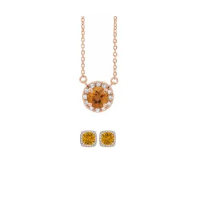 18K Rose Gold 2ct Halo Citrine Round 18 Inch Necklace and Halo Square Earrings Set Plated