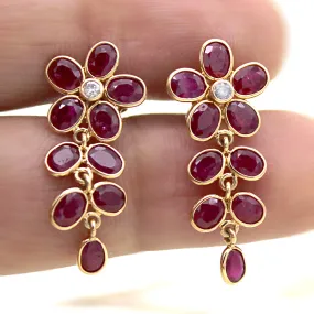 18k Solid Yellow Gold Natural Ruby Diamond Fine Earrings