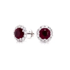 18K White Gold Diamond Halo   Ruby Stud Earrings