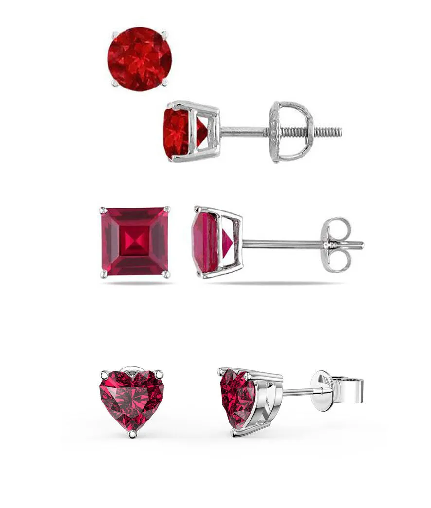 18k White Gold Plated 1Cttw 7mm Created Ruby 3 Pair Round, Square and Heart Stud Earrings