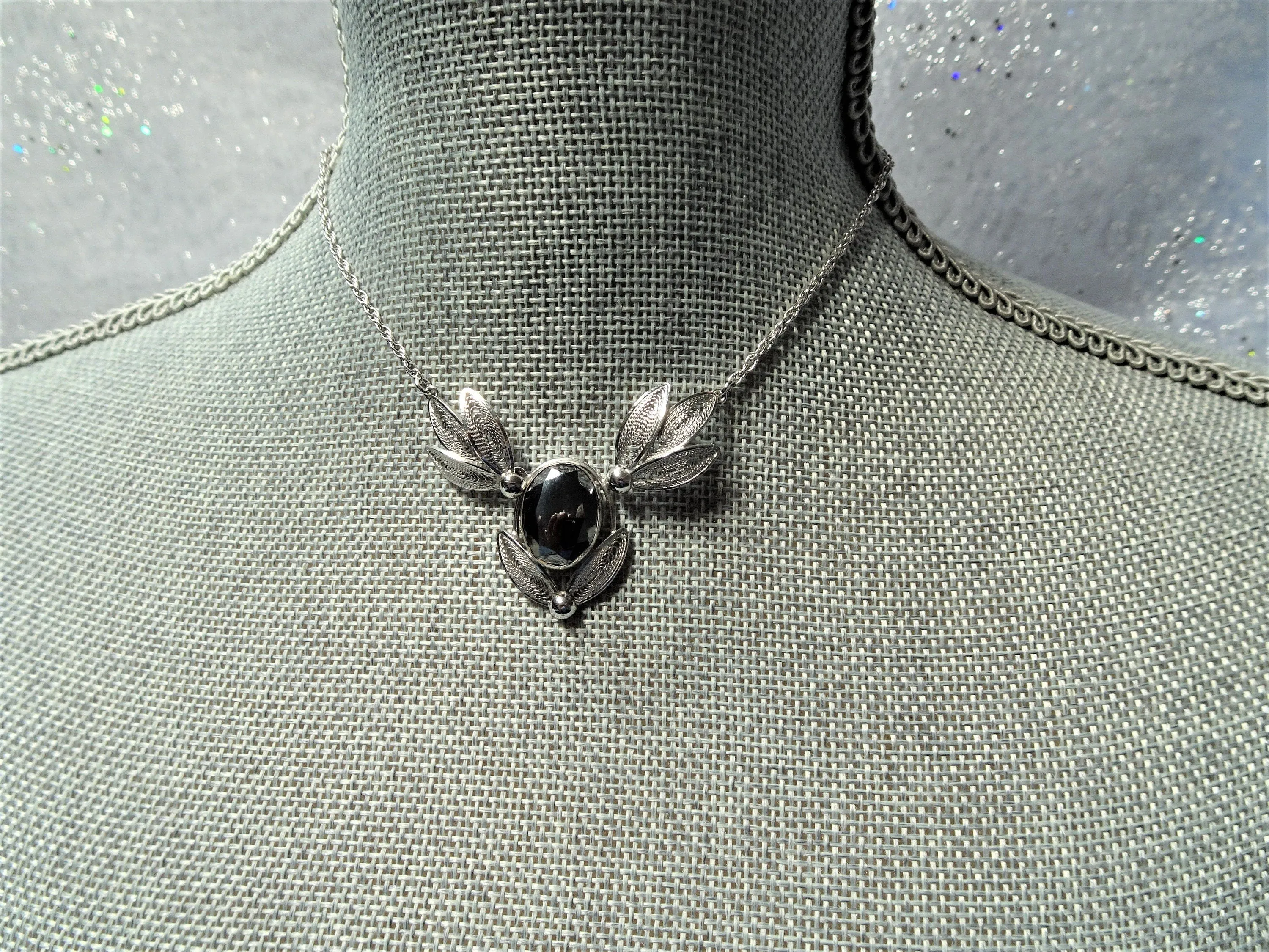 1950s BEAUTIFUL Necklace, Large Black Alaskan Diamond Hematite Stone ,Sterling Silver Filigree, Signed Carl-Art, Mid Century Vintage Jewelry