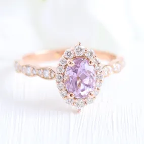 1.97 Ct Oval Lavender Purple Sapphire Ring in 14k Rose Gold Tiara Halo Diamond, Size 6.75