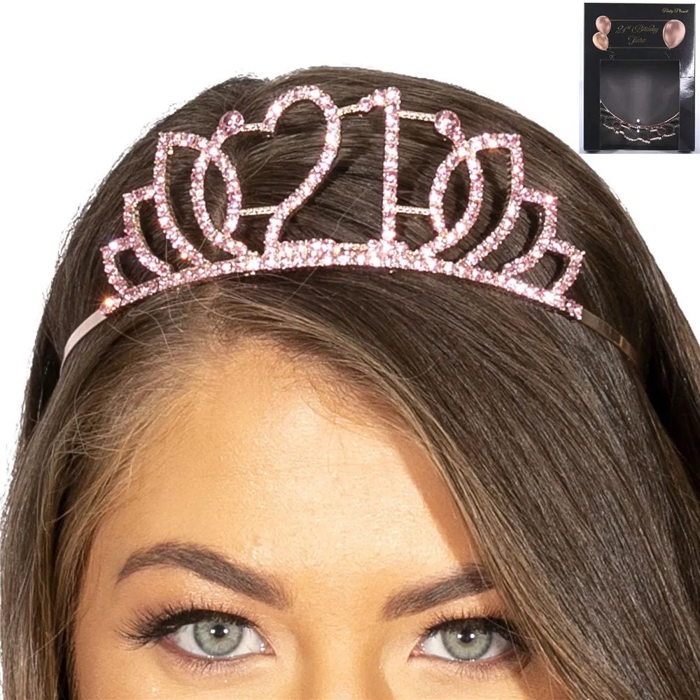 21st Birthday Metal Tiara with Diamante - Rose Gold