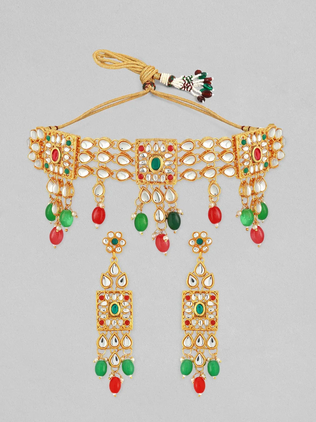 22K Gold-Plated Multicolor Kundan Choker Set with Red, Green, and White Beads