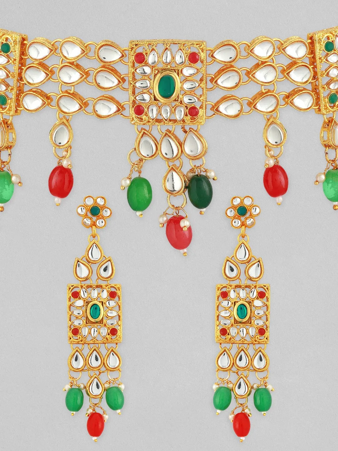 22K Gold-Plated Multicolor Kundan Choker Set with Red, Green, and White Beads