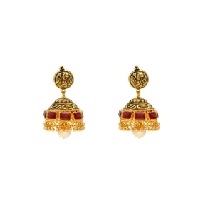 22K Yellow Gold Jhumka Earrings w/ Rubies (24.9gm)